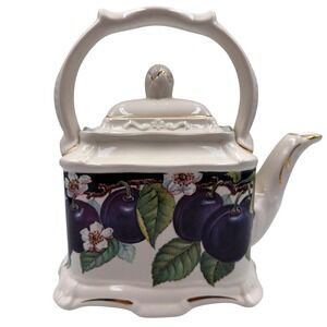 VTG Crown Dorset Staffordshire England Plum Floral Rectangular Teapot Gold Trim